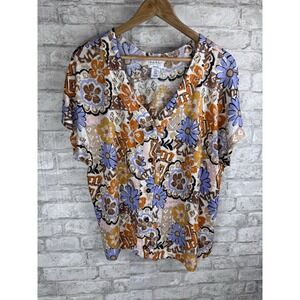 Nicole Miller 100% Linen Button Up Top Shirt V Neck Neutral‎ Floral Size XL